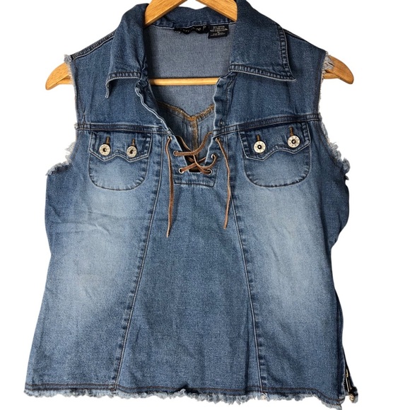 Vtg 90’s Y2K Periscope Denim Boho Top Shirt Sz M Corset Neckline Casual Western - Picture 5 of 8